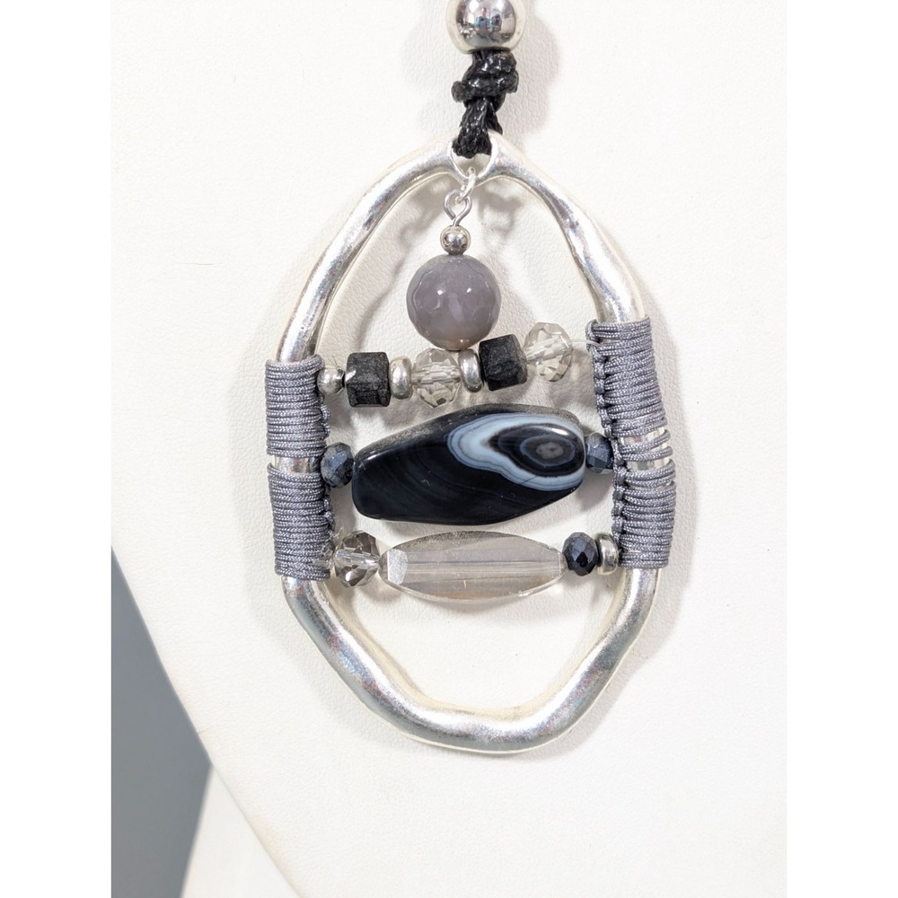Boho Chic Black Cord Necklace Silver tone Oval Pendant Beaded 32"